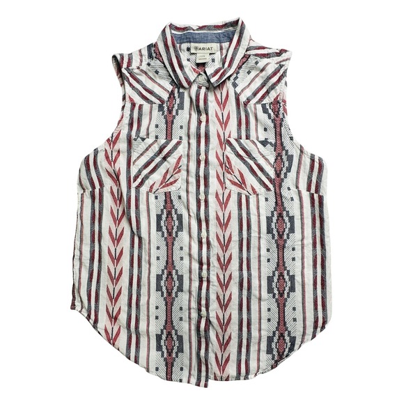 Ariat Shirt Womens Large Sleeveless Red White Blue Aztec Western Button Up Top